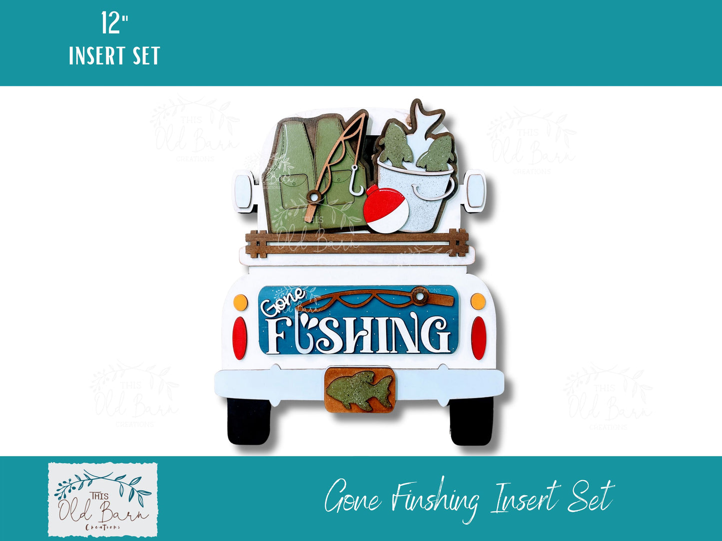 Gone Fishing Insert Set – 12” Wooden Interchangeable Décor for Truck, Camper, Breadboard & Round Bases