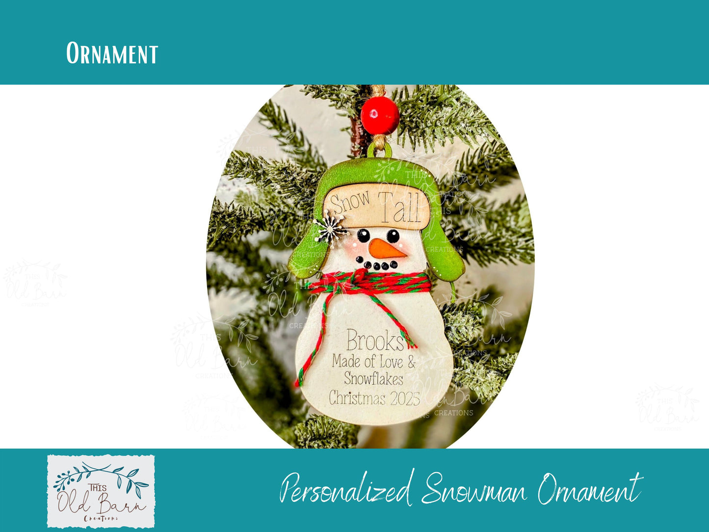 Personalized Flapper Hat Snowman Ornament | This Old Barn Creations Original | Custom Christmas Ornament with Scarf & Height Marker