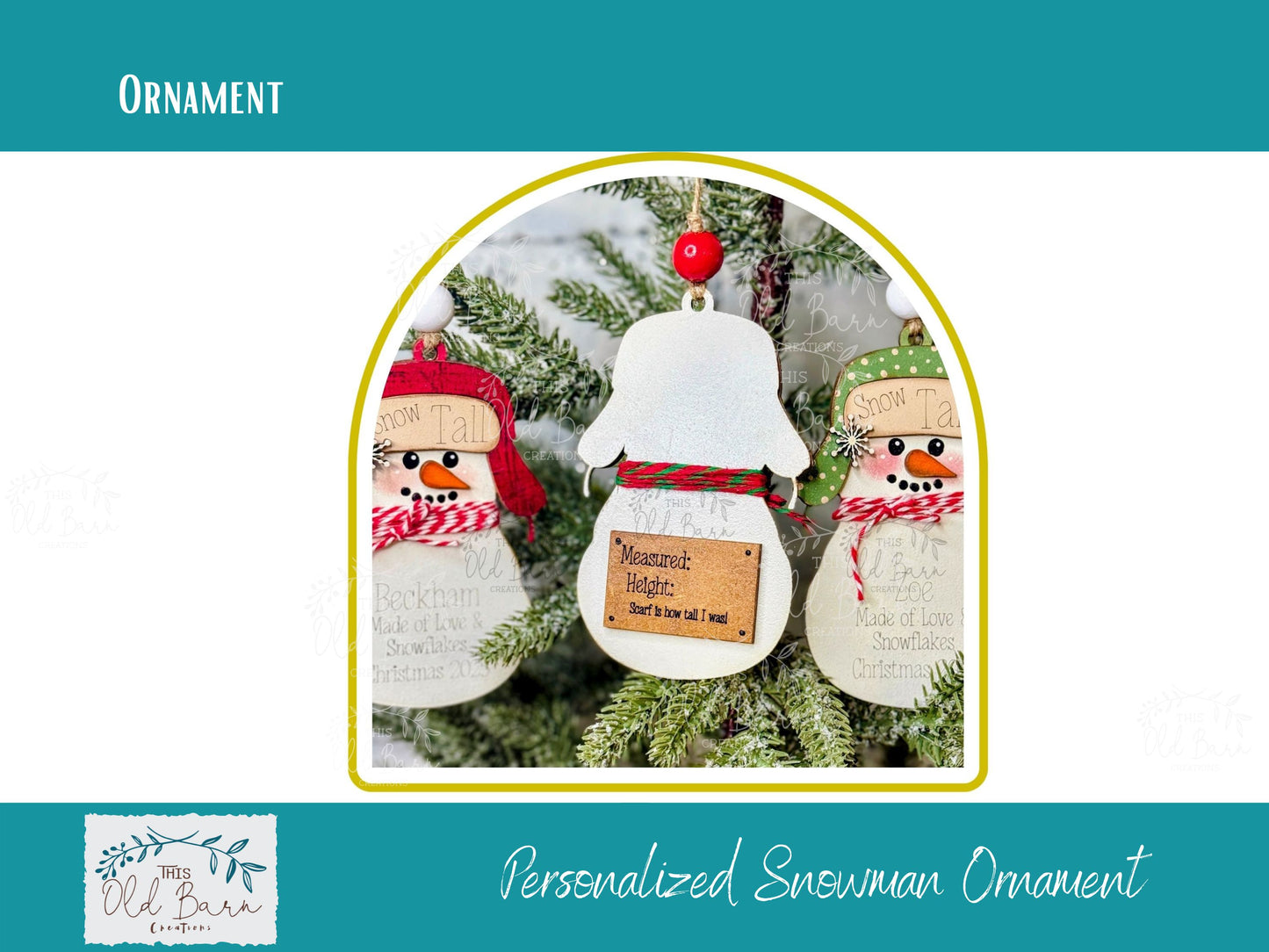 Personalized Flapper Hat Snowman Ornament | This Old Barn Creations Original | Custom Christmas Ornament with Scarf & Height Marker