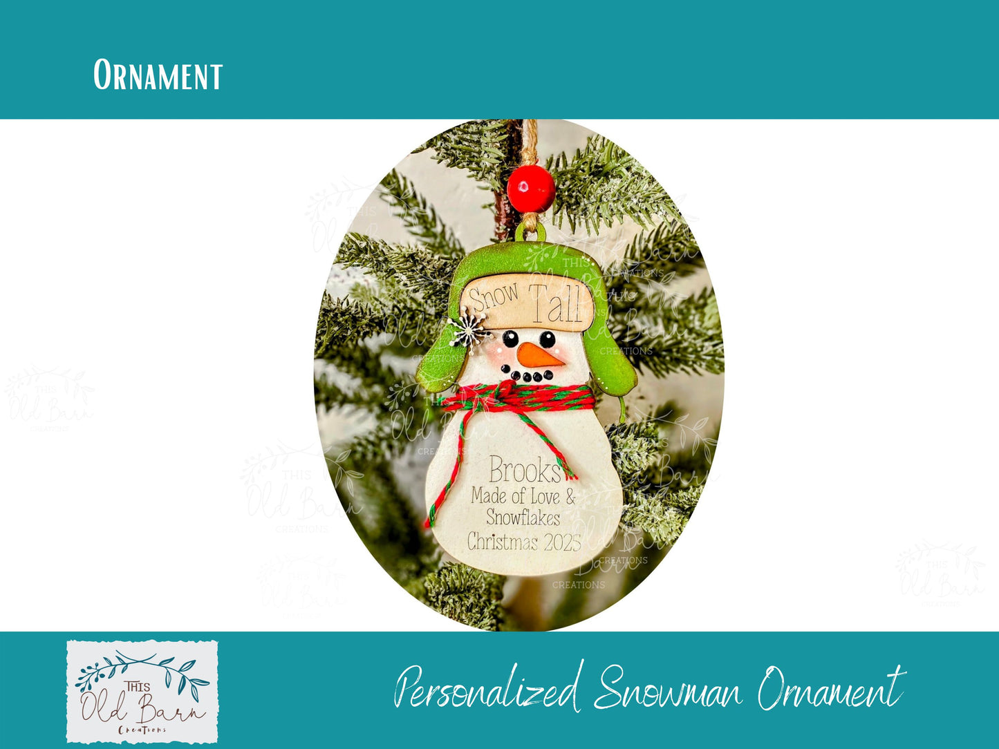 Personalized Flapper Hat Snowman Ornament | This Old Barn Creations Original | Custom Christmas Ornament with Scarf & Height Marker