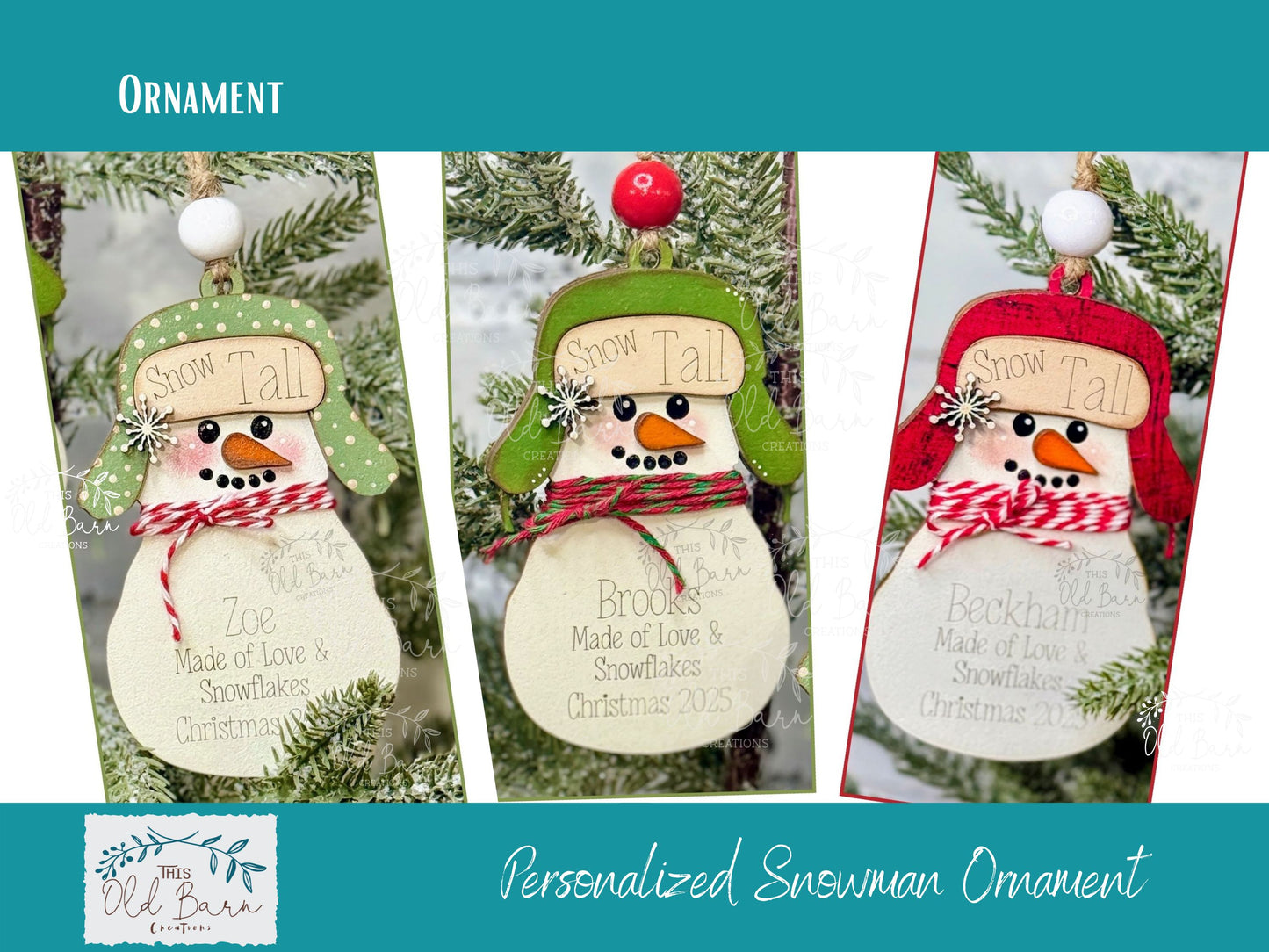 Personalized Flapper Hat Snowman Ornament | This Old Barn Creations Original | Custom Christmas Ornament with Scarf & Height Marker