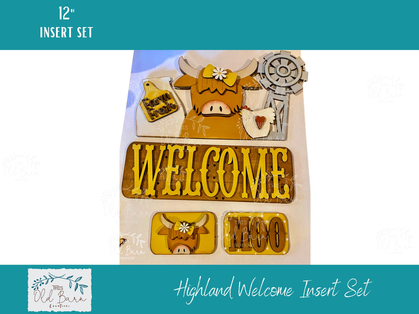 Highland Welcome Insert Set – Rustic Highland Cow Interchangeable Sign | Fits 12” Truck, Round, Breadboard & Camper Bases | Farmhouse Decor
