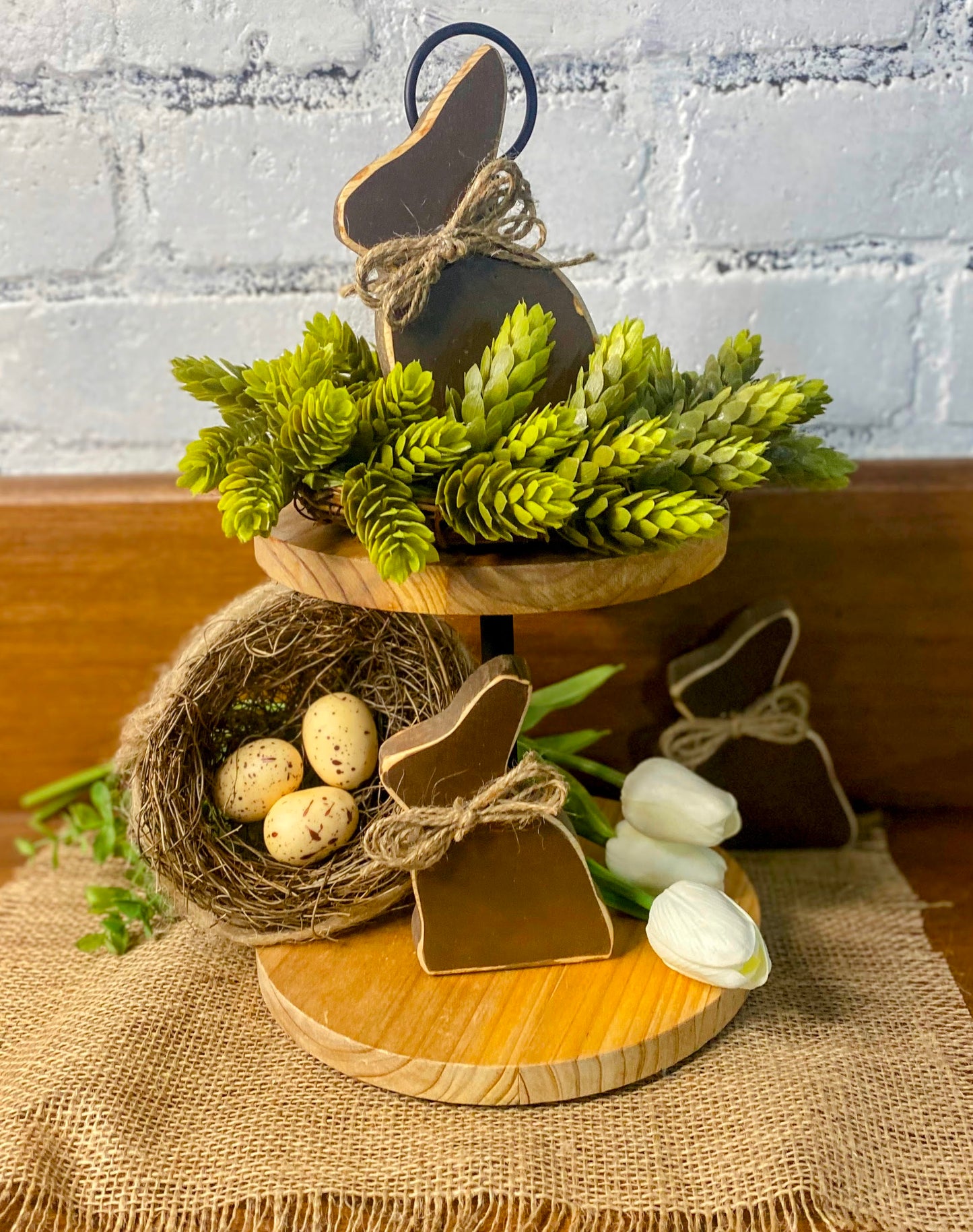 Chunky rabbit tiered tray set | Wooden rabbits dough bowl filler